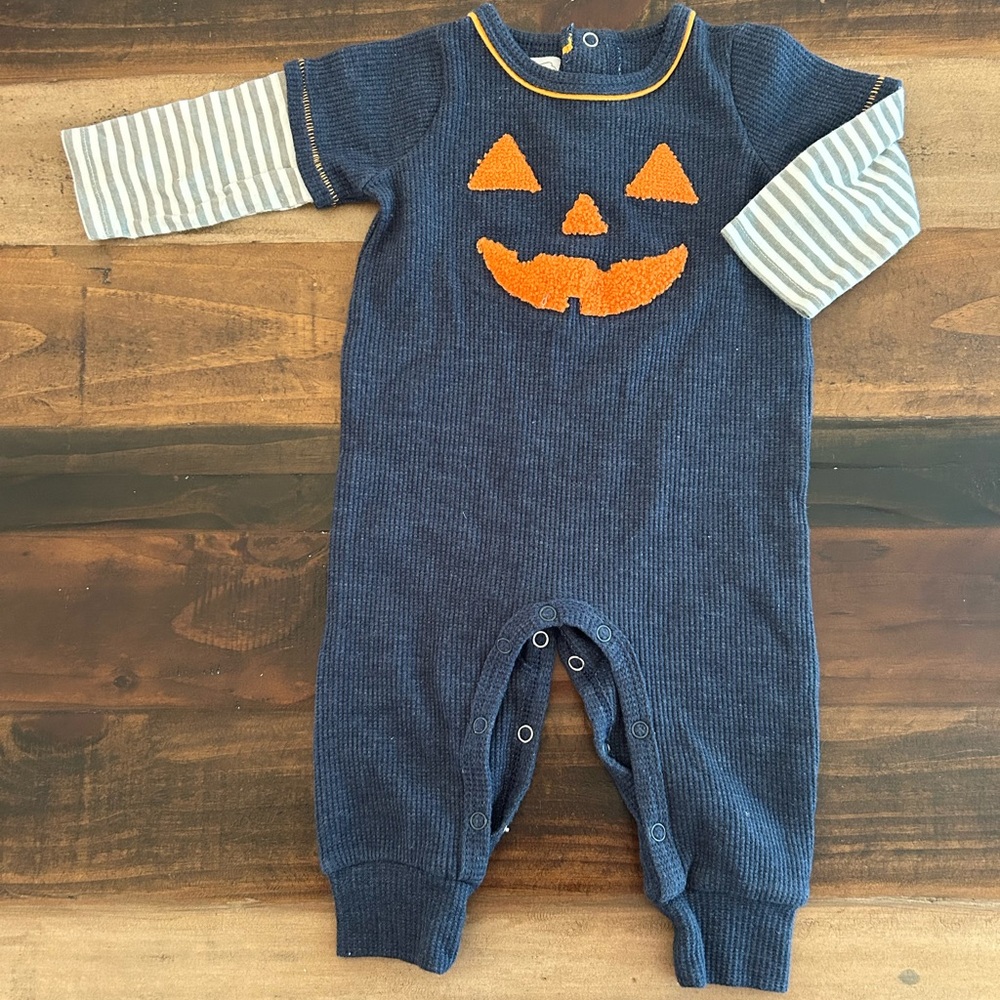 Mud Pie Blue and Orange Pumpkin Face Romper